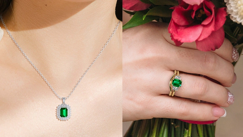 emerald and diamond pendant and ring