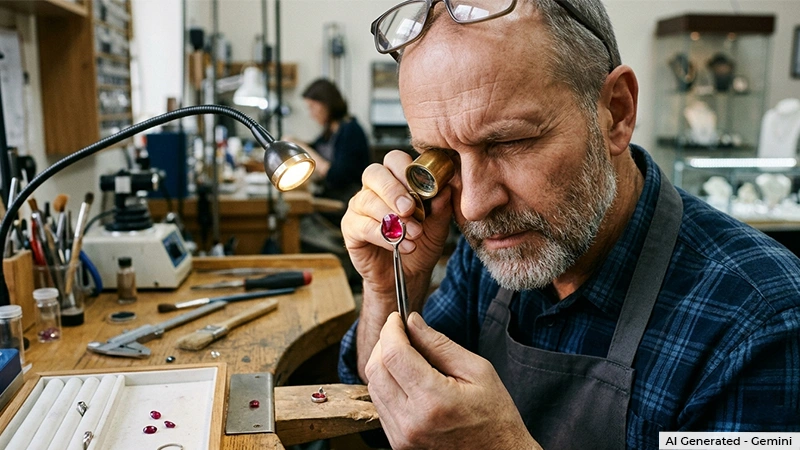 a jeweler examining a ruby with a magnifying loupe