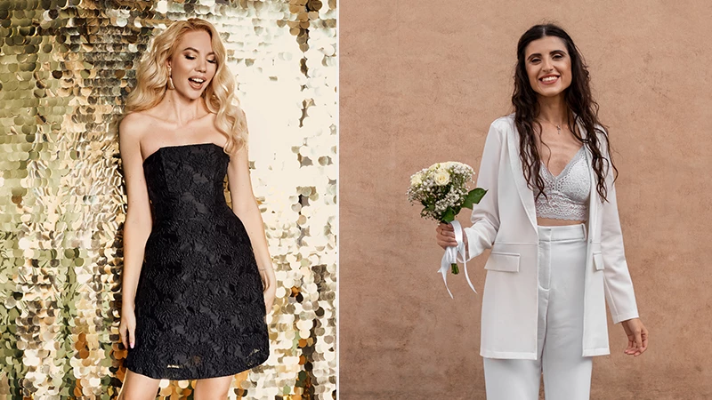 a black sequined mini dress & a bridal pantsuit