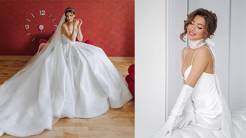 a bride wearing a long veil and lace gloves with her wedding gown 