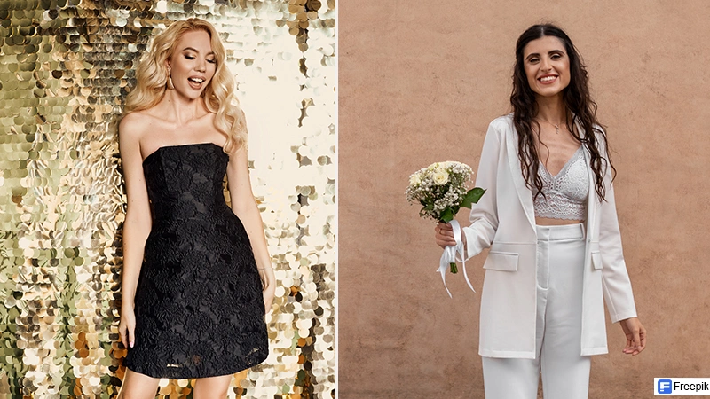 a black sequined mini dress & a bridal pantsuit