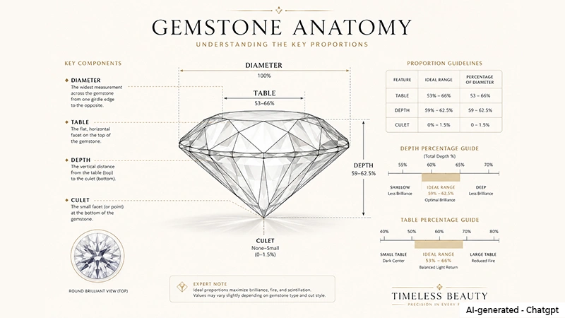 a gemstone showing the diameter, table, depth and culet