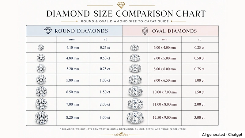 mm to carat comparison of round and oval cut