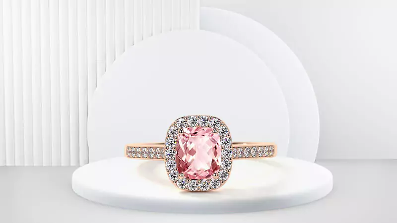 halo morganite ring with diamonds on the shank
