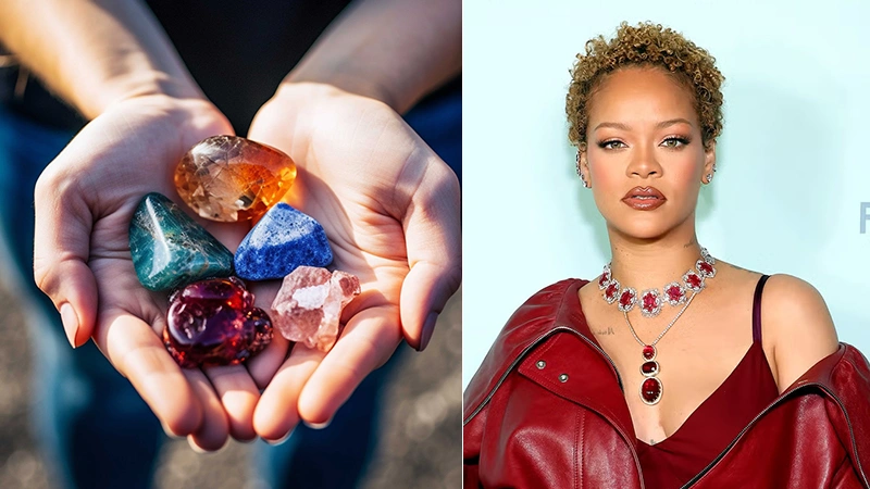 gemstone in mines and Rihanna wearing ruby jewelry