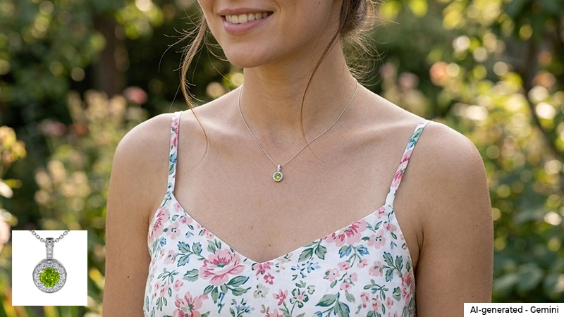 woman dressed in a sundress and wearing a peridot necklace