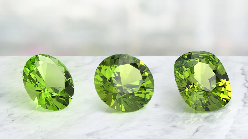 Peridot gemstone in oval, round and cushion cuts