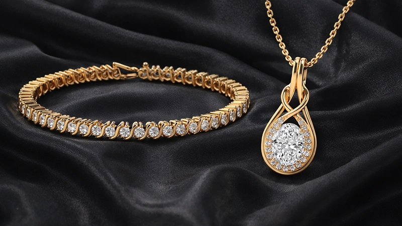 diamond tennis bracelet and a diamond pendant necklace