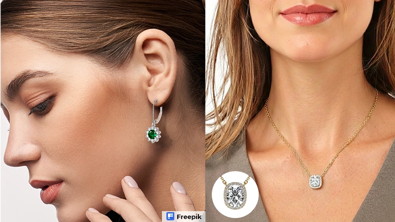emerald dangler earrings, other wearing a diamond halo pendant