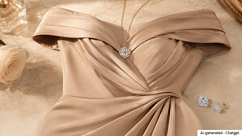 off-shoulder dress with diamond pendant and diamond studs