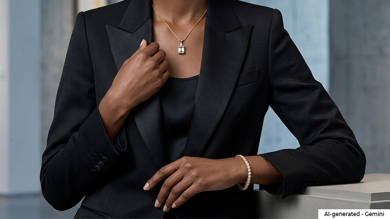 model in black outfit  wearing  diamond pendant and diamond tennis bracelet