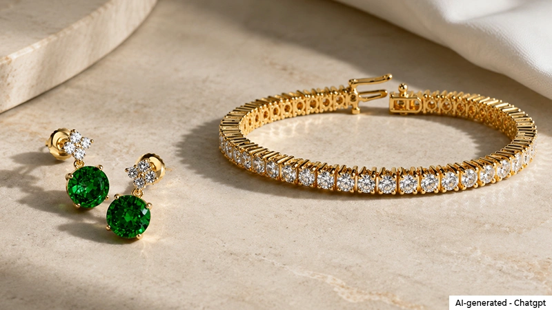 emerald earring and diamond tennis bracelet