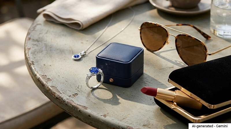 sapphire ring, pendant with sunglasses, clutch and lipstick