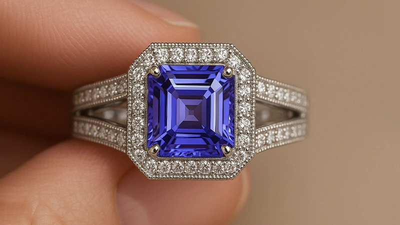 Emerald-Cut Tanzanite Rare Halo Ring