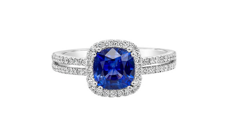Blue sapphire ring with halo setting