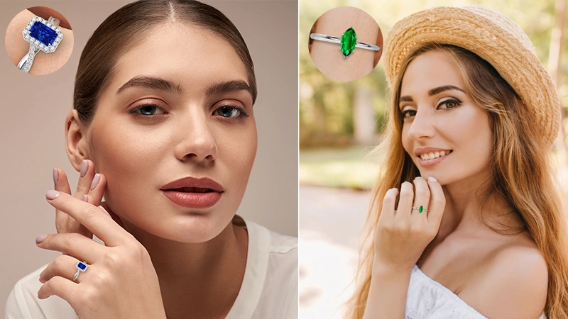 women wearing sapphire and emerald ring