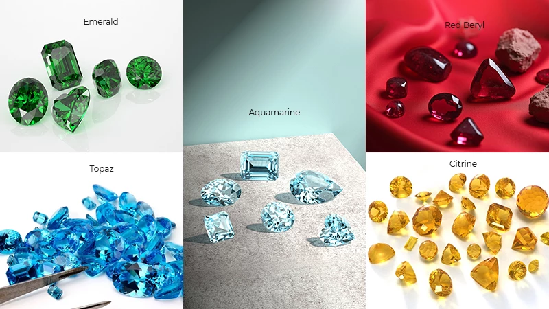 topaz, emerald, aquamarine, red beryl and citrine