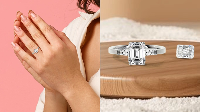 Emerald Cut Three Stone Engagement Ring woman wearing an emerald cut three stone engagement ring