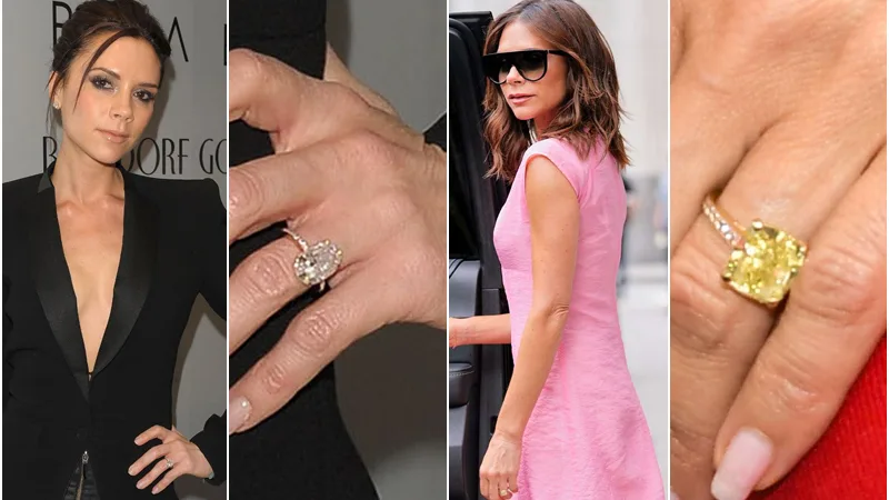 Victoria Beckham wearing her oval-cut pink diamond ring and emerald-cut yellow diamond ring