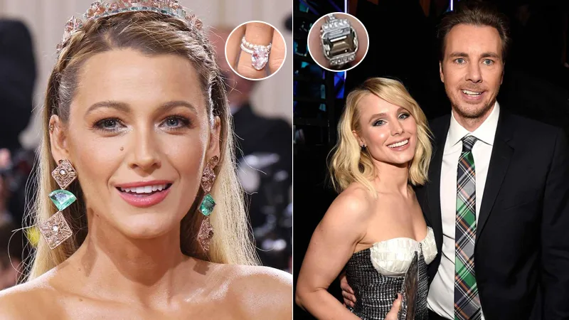 Blake Lively wearing her pink diamond engagement ring and Kristen Bell wearing her champagne diamond engagement ring