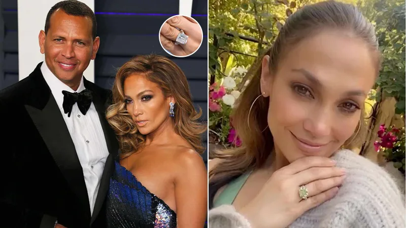 Jennifer Lopez wearing her  blue diamond ring and green diamond ring