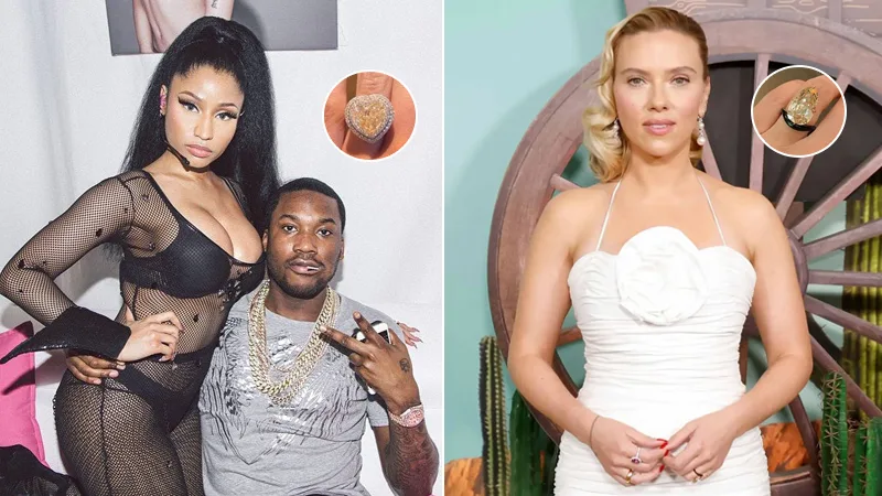 Nicky Minaj and Scarlett Johansson wearing their yellow engagement rings