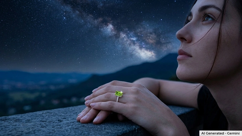 woman wearing a peridot ring and looking at the night sky