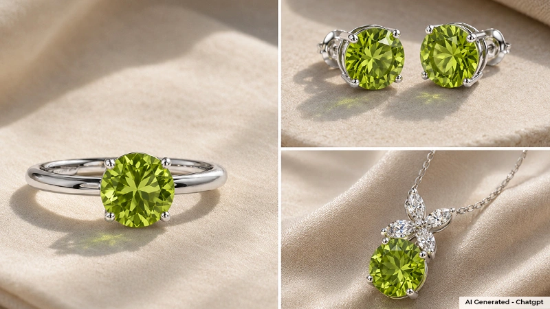 collage showing different styles of peridot jewelry