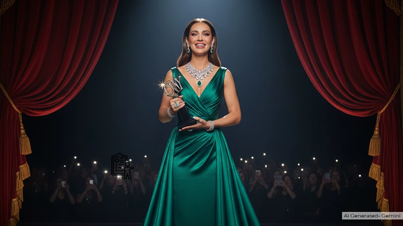a model receiving the Tony award