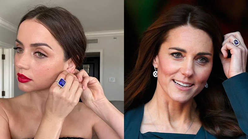 Ana de Armas and Kate Middleton wearing their sapphire rings