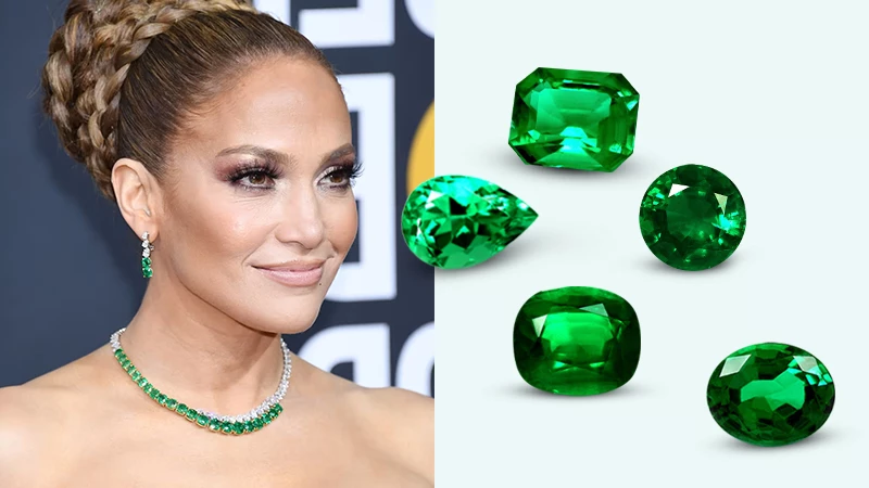 Jennifer Lopez wearing emerald jewelry and some emeralds of different shapes and sizes