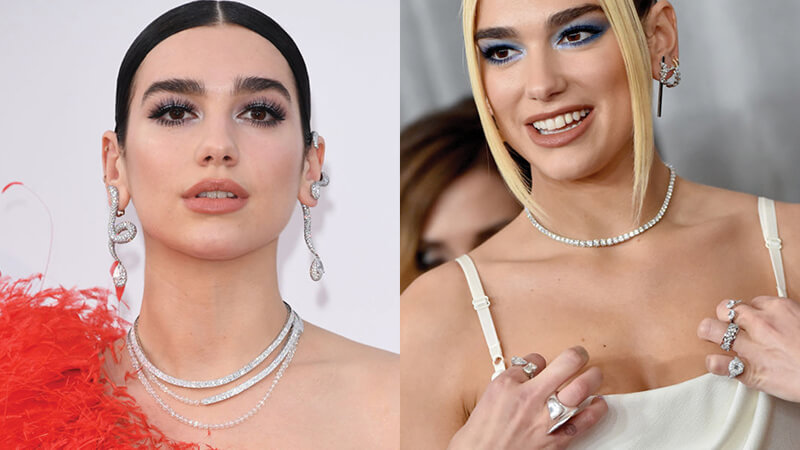 Dua Lipa wearing diamond jewelry