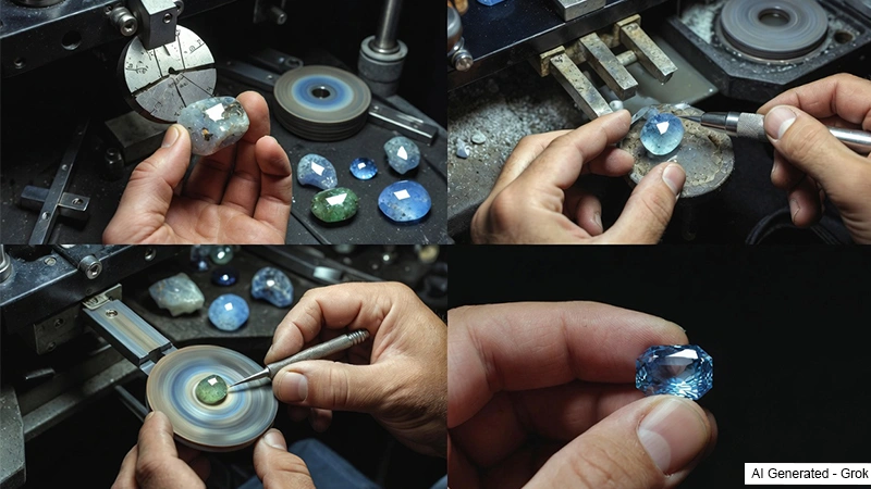 gemstone cutter performing gemstone faceting and polishing
