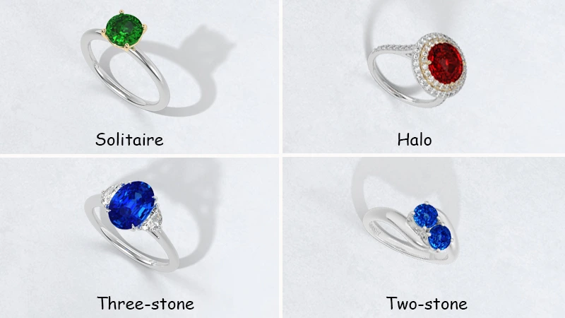 ring styles like solitaire, halo, three-stone, two-stone, vintage