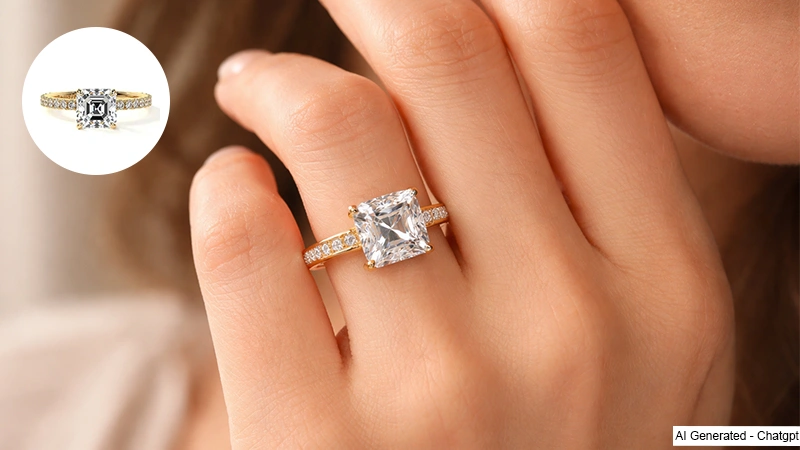 A stunning asscher cut diamond ring in yellow gold.