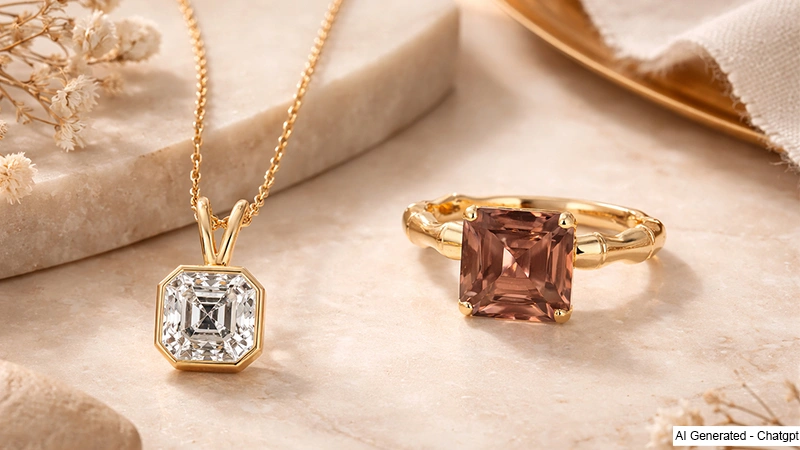 An asscher cut pendant and ring in a bamboo style setting.