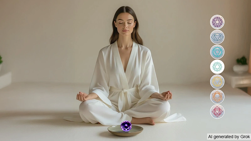 Woman meditating with tanzanite stone