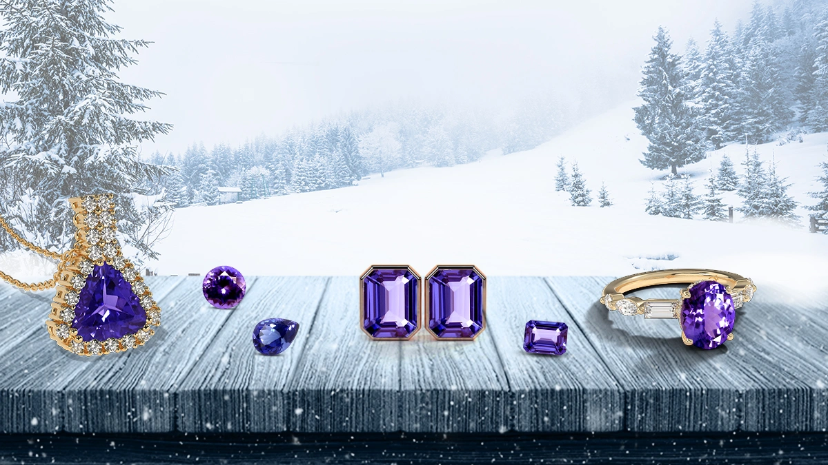 Different Tanzanite Jewelry Pieces such as rings, pendant and earrings