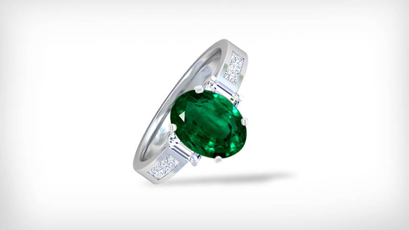 three stone emerald and diamond ring