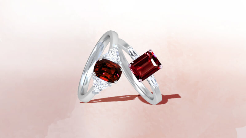 Ruby three stone rings with diamond