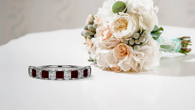 Half Eternity Diamond And Ruby Square Shape Prong Wedding Ring