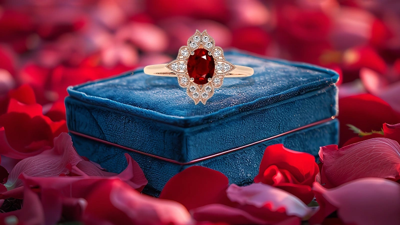 Ruby Oval Vintage Ring with Pave Set Diamond Halo