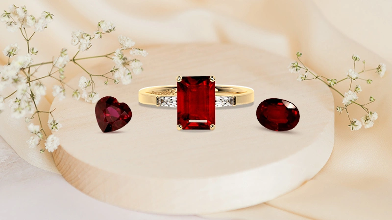 Lab Grown Ruby Emerald Cut Three Stone Ring with Bar Set Tapered Baguette Diamonds