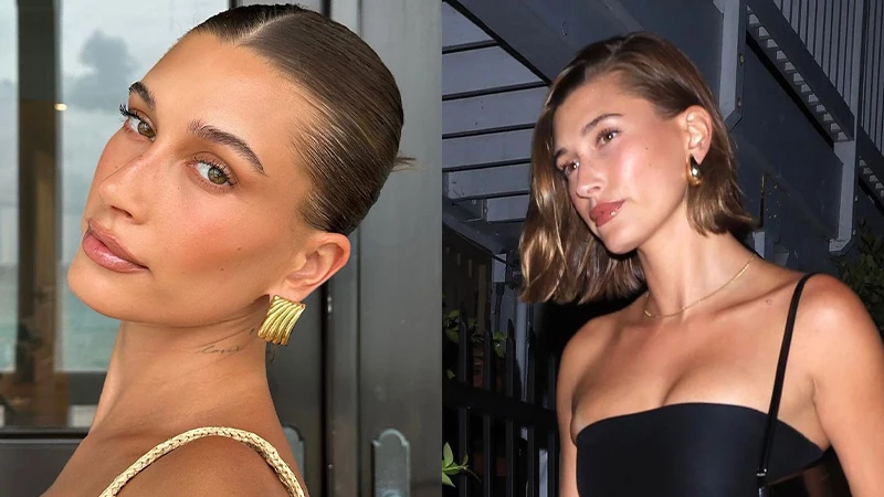 Hailey Bieber wearing gold filled earrings