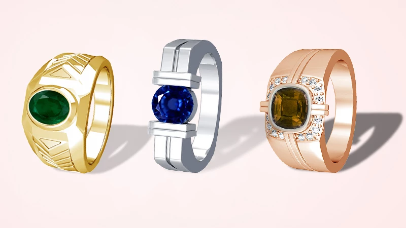 alexandrite, emerald, and sapphire men’s rings