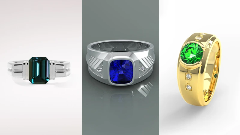 alexandrite, emerald, and sapphire men’s rings