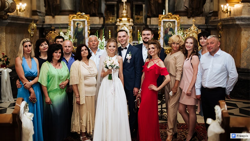bride and groom with their family and friends