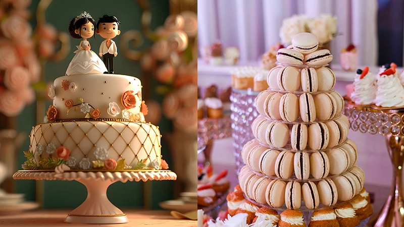 wedding cakes and macaron pyramids