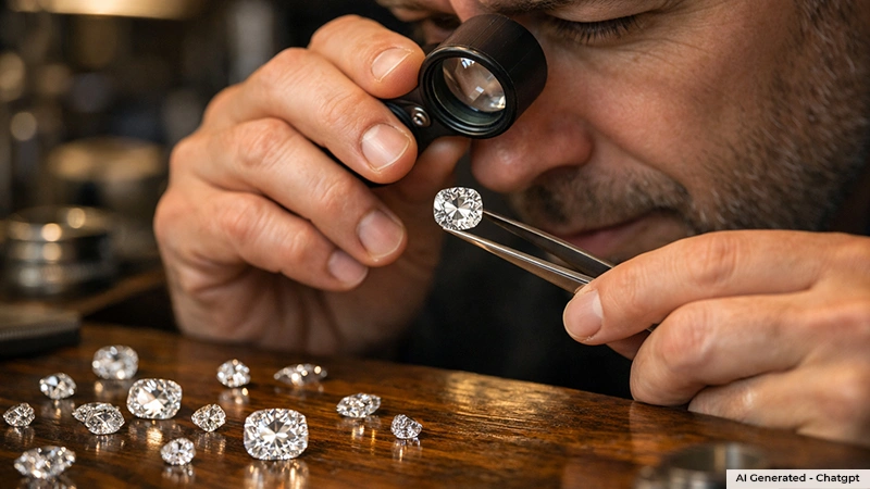  Man looking at a cushion-cut diamond using magnifying glass