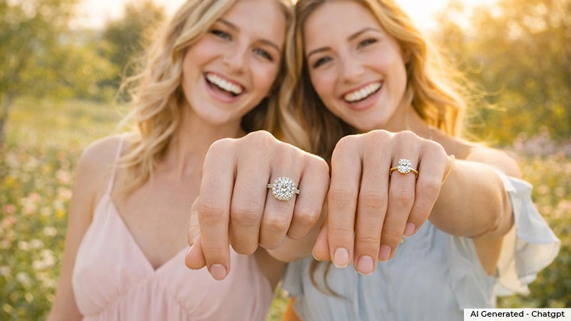 Two women flaunting their cushion-cut engagement rings